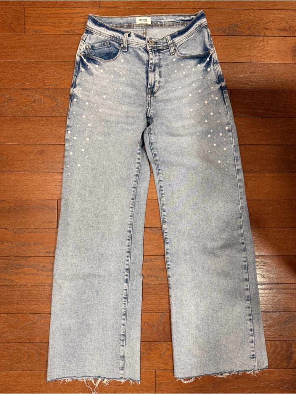 Kensie | The Kaya Jean | High Rise, Wide-Leg Jeans w. Pearl Embellishment